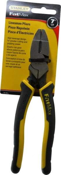 Stanley - 7-5/8" OAL, 1-1/2" Jaw Length x 1" Jaw Width, Side Cutting Linesman's Pliers - Serrated Jaw, Flat Nose Head, Bi-Material Cushion Grip Handles - All Tool & Supply