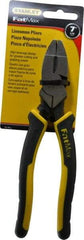 Stanley - 7-5/8" OAL, 1-1/2" Jaw Length x 1" Jaw Width, Side Cutting Linesman's Pliers - Serrated Jaw, Flat Nose Head, Bi-Material Cushion Grip Handles - All Tool & Supply