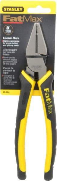 Stanley - 8-3/8" OAL, 1-1/2" Jaw Length x 1" Jaw Width, Side Cutting Linesman's Pliers - Serrated Jaw, Flat Nose Head, Bi-Material Cushion Grip Handles - All Tool & Supply