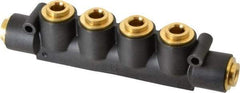 Parker - 3/8" Inlet, 3/8" Outlet Manifold - 6.49" Long x 1.02" Wide 0.22" Mount Hole, 200°F Max, 150 Max PSI, 2 Inlet Ports, 4 Outlet Ports - All Tool & Supply