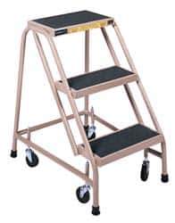 Gillis - 30" 3 Step Ladder - Rolling Steel Office Ladder, 300 Lb Capacity, 30" Platform Height, 24" Base Width x 27" Depth, Rubber Matted - All Tool & Supply