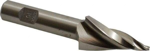 Made in USA - 15° Taper Angle per Side, 3/32" Small End Diam, 1-1/2" LOC, High Speed Steel 3 Flute Tapered Square End Mill - 3-3/4" OAL, 1/2" Shank Diam, Spiral Flute - All Tool & Supply