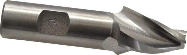 Made in USA - 15° Taper Angle per Side, 3/8" Small End Diam, 1-1/4" LOC, High Speed Steel 3 Flute Tapered Square End Mill - 3-1/2" OAL, 3/4" Shank Diam, Spiral Flute - All Tool & Supply