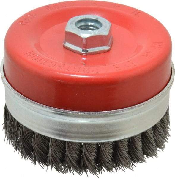 Value Collection - 4-3/8" Diam, 5/8-11 Threaded Arbor, Steel Fill Cup Brush - 0.02 Wire Diam, 6,500 Max RPM - All Tool & Supply