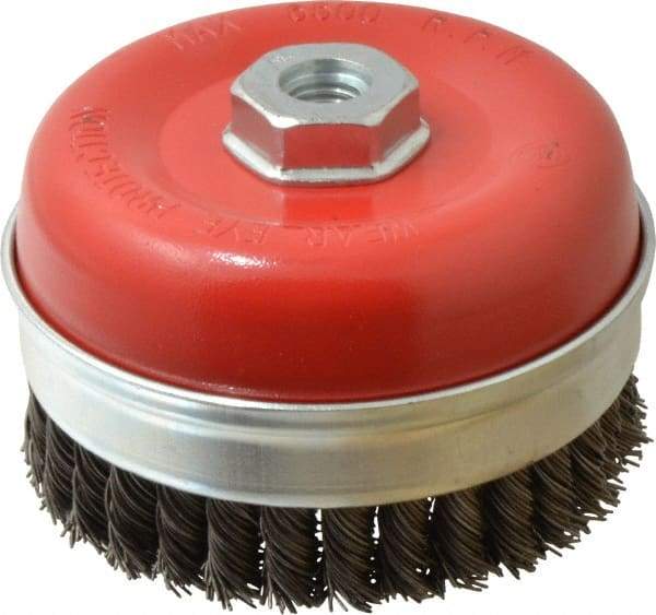 Value Collection - 5" Diam, 5/8-11 Threaded Arbor, Steel Fill Cup Brush - 0.0314 Wire Diam, 6,500 Max RPM - All Tool & Supply