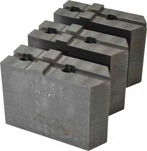 Abbott Workholding Products - 8" & Up Chuck Capacity, Tongue & Groove Attachment, Square Soft Lathe Chuck Jaw - 3 Jaws, Steel, 1-3/4" Btw Mount Hole Ctrs, 4" Long x 1-1/2" Wide x 3" High, 5/16" Groove, 1/2" Fastener - All Tool & Supply