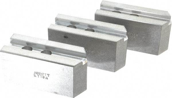 Abbott Workholding Products - 8" & Up Chuck Capacity, 1.5mm x 60° Serrated Attachment, Square Soft Lathe Chuck Jaw - 3 Jaws, Aluminum, 63/64" Btw Mount Hole Ctrs, 4" Long x 1-1/2" Wide x 2" High, 0.5512" Groove, 0.4724" & 12mm Fastener - All Tool & Supply