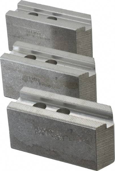 Abbott Workholding Products - 8" & Up Chuck Capacity, 1.5mm x 60° Serrated Attachment, Square Soft Lathe Chuck Jaw - 3 Jaws, Aluminum, 63/64" Btw Mount Hole Ctrs, 4" Long x 1-1/2" Wide x 2" High, 0.6299" Groove, 0.4724" & 12mm Fastener - All Tool & Supply