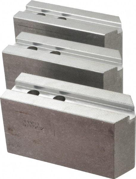 Abbott Workholding Products - 10" & Up Chuck Capacity, 1.5mm x 60° Serrated Attachment, Square Soft Lathe Chuck Jaw - 3 Jaws, Aluminum, 1.1811" Btw Mount Hole Ctrs, 5-1/2" Long x 2" Wide x 3" High, 0.6299" Groove, 0.4724" & 12mm Fastener - All Tool & Supply