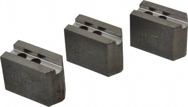 Abbott Workholding Products - 4" & Up Chuck Capacity, 1.5mm x 60° Serrated Attachment, Square Soft Lathe Chuck Jaw - 3 Jaws, Steel, 0.5512" Btw Mount Hole Ctrs, 2" Long x 1" Wide x 1-1/2" High, 0.3937" Groove, 0.315" & 8mm Fastener - All Tool & Supply