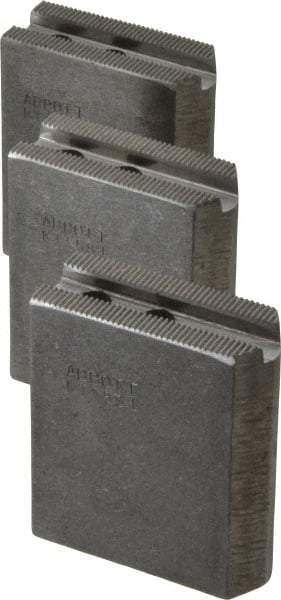 Abbott Workholding Products - 5" & Up Chuck Capacity, 1.5mm x 60° Serrated Attachment, Square Soft Lathe Chuck Jaw - 3 Jaws, Steel, 0.7087" Btw Mount Hole Ctrs, 2-1/2" Long x 1" Wide x 3" High, 0.3937" Groove, 0.315" & 8mm Fastener - All Tool & Supply