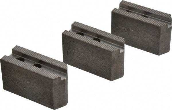 Abbott Workholding Products - 5" & Up Chuck Capacity, 1.5mm x 60° Serrated Attachment, Square Soft Lathe Chuck Jaw - 3 Jaws, Steel, 3/4" Btw Mount Hole Ctrs, 2-1/2" Long x 1" Wide x 1-1/2" High, 0.3937" Groove, 0.315" & 8mm Fastener - All Tool & Supply