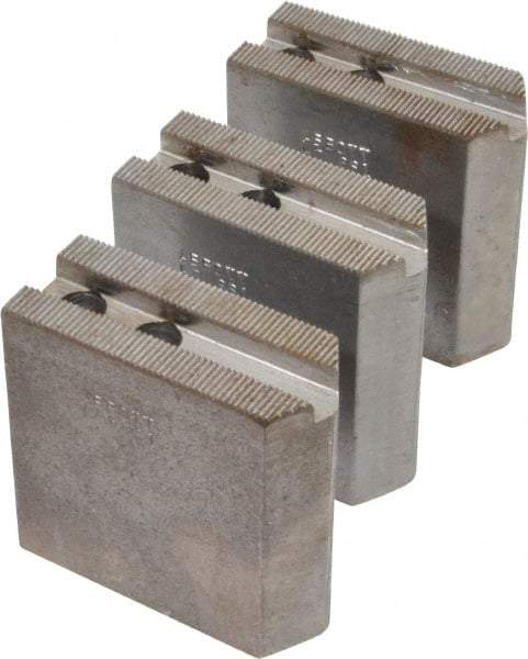 Abbott Workholding Products - 6" & Up Chuck Capacity, 1.5mm x 60° Serrated Attachment, Square Soft Lathe Chuck Jaw - 3 Jaws, Steel, 0.7874" Btw Mount Hole Ctrs, 3" Long x 1-1/4" Wide x 3" High, 0.4331" Groove, 0.3937" & 10mm Fastener - All Tool & Supply