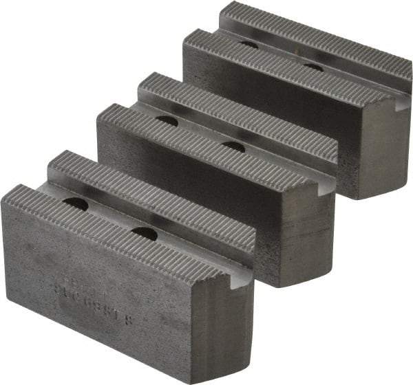 Abbott Workholding Products - 6" & Up Chuck Capacity, 1.5mm x 60° Serrated Attachment, Square Soft Lathe Chuck Jaw - 3 Jaws, Steel, 63/64" Btw Mount Hole Ctrs, 3" Long x 1-1/4" Wide x 1-1/2" High, 0.4331" Groove, 0.315" & 8mm Fastener - All Tool & Supply