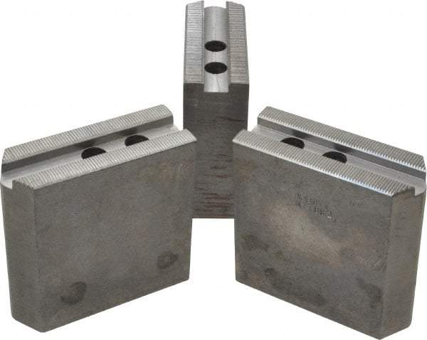 Abbott Workholding Products - 8" & Up Chuck Capacity, 1.5mm x 60° Serrated Attachment, Square Soft Lathe Chuck Jaw - 3 Jaws, Steel, 63/64" Btw Mount Hole Ctrs, 4" Long x 1-1/2" Wide x 4" High, 0.5512" Groove, 0.4724" & 12mm Fastener - All Tool & Supply