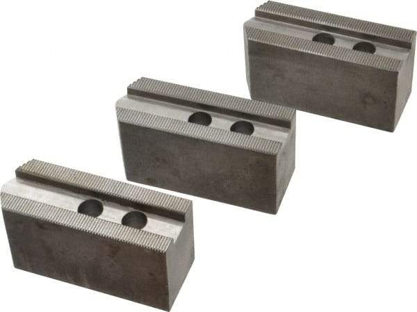 Abbott Workholding Products - 8" & Up Chuck Capacity, 1.5mm x 60° Serrated Attachment, Square Soft Lathe Chuck Jaw - 3 Jaws, Steel, 63/64" Btw Mount Hole Ctrs, 4" Long x 1-1/2" Wide x 2" High, 0.6299" Groove, 0.4724" & 12mm Fastener - All Tool & Supply