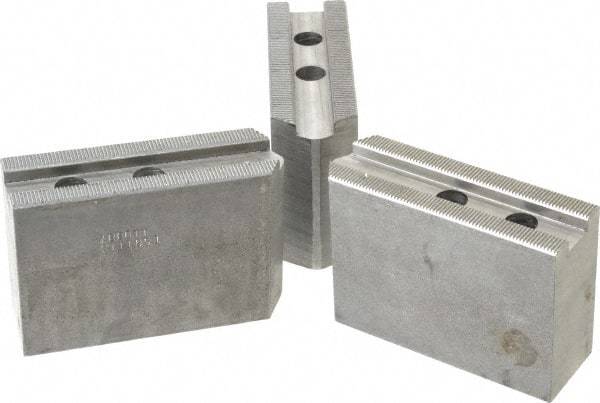 Abbott Workholding Products - 10" & Up Chuck Capacity, 1.5mm x 60° Serrated Attachment, Square Soft Lathe Chuck Jaw - 3 Jaws, Steel, 1.2598" Btw Mount Hole Ctrs, 4-1/2" Long x 1-1/2" Wide x 3" High, 0.6299" Groove, 0.4724" & 12mm Fastener - All Tool & Supply