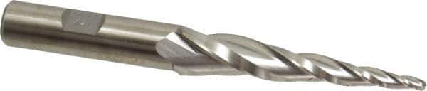 Made in USA - 5° Taper Angle per Side, 1/8" Small End Diam, 2-1/2" LOC, High Speed Steel 3 Flute Tapered Ball End Mill - 4-1/2" OAL, 1/2" Shank Diam, Spiral Flute - All Tool & Supply