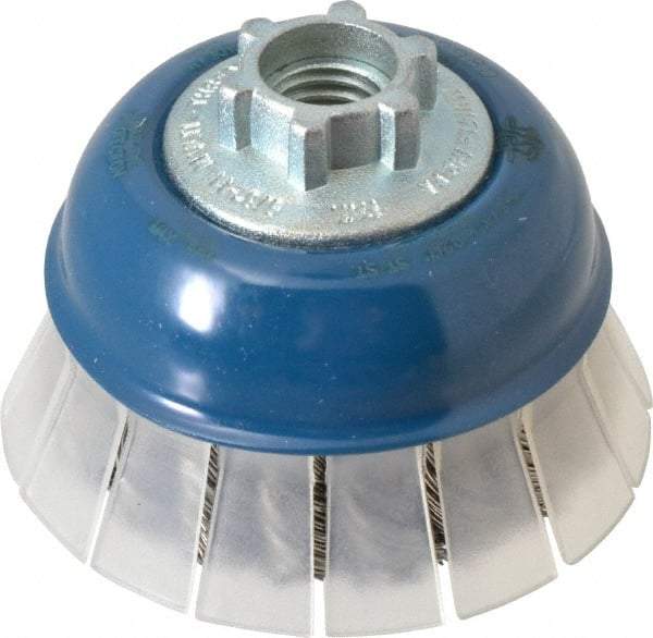 JAZ USA - 2-3/4" Diam, 5/8-11 & M14x2.00 Threaded Arbor, Stainless Steel Fill Cup Brush - 0.02 Wire Diam, 3/4" Trim Length, 15,000 Max RPM - All Tool & Supply