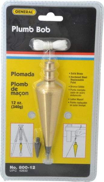 General - 5 Inch Long, 1-3/8 Inch Diameter Brass Plumb Bob - 12 Ounce, Has Replacable Tip - All Tool & Supply