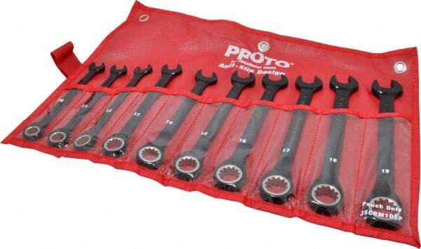 Proto - 10 Piece, 10mm to 19mm, 12 Point Combination Wrench Set - Metric Measurement Standard, Black/Chrome Finish, Comes in Pouch - All Tool & Supply