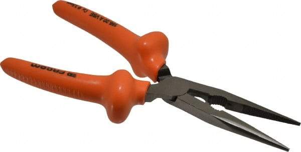 Facom - 8-9/32" OAL, 2-23/32" Jaw Length x 1-3/8" Jaw Width, Long Nose Side Cutting Burnished Insulated Pliers - Serrated Jaw, Half Round Nose Head, Plastic Coated Handles - All Tool & Supply