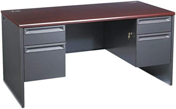 Hon - Woodgrain Laminate/Metal Double Pedestal Desk - 60" Wide x 30" Deep x 29" High, Mahogany/Charcoal - All Tool & Supply