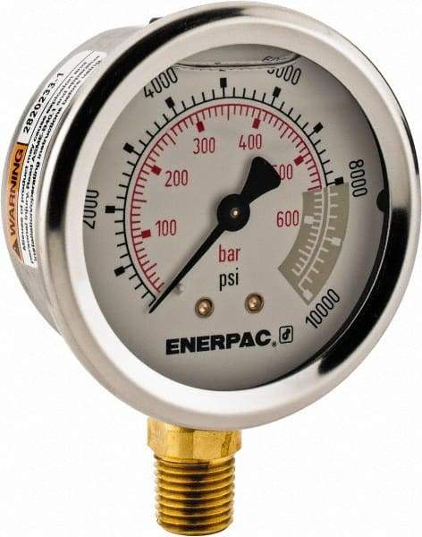 Enerpac - 0 to 10,000 psi Pressure Rating, 1/4 NPTF Gauge Connection, Hydraulic Pressure Liquid Filled Gage - 2-1/2" Face Diam - All Tool & Supply