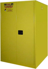 Securall Cabinets - 43" Wide x 31" Deep x 65" High, 18 Gauge Steel Vertical Drum Cabinet with 3 Point Key Lock - Yellow, Manual Closing Door, 1 Shelf, 2 Drums, Drum Rollers Included - All Tool & Supply