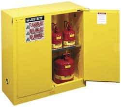 Justrite - 2 Door, 1 Shelf, Yellow Steel Standard Safety Cabinet for Flammable and Combustible Liquids - 44" High x 43" Wide x 18" Deep, Self Closing Door, 3 Point Key Lock, 30 Gal Capacity - All Tool & Supply