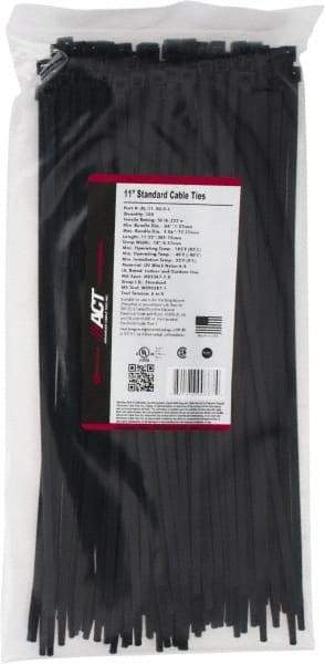 Made in USA - 11-1/4" Long Black Nylon Standard Cable Tie - 50 Lb Tensile Strength, 1.32mm Thick, 77.78mm Max Bundle Diam - All Tool & Supply