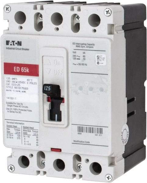 Eaton Cutler-Hammer - 125 Amp, 125 VDC, 240 VAC, 3 Pole, Molded Case Circuit Breaker - Thermal Magnetic Trip, 65 kA at 240 VAC Breaking Capacity, 4-4/0 AWG, 3-3/8 Inch Deep x 6 Inch High x 4-1/8 Inch Wide - All Tool & Supply