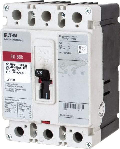 Eaton Cutler-Hammer - 175 Amp, 125 VDC, 240 VAC, 3 Pole, Molded Case Circuit Breaker - Thermal Magnetic Trip, 65 kA at 240 VAC Breaking Capacity, 4-4/0 AWG, 3-3/8 Inch Deep x 6 Inch High x 4-1/8 Inch Wide - All Tool & Supply