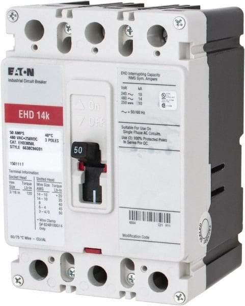 Eaton Cutler-Hammer - 50 Amp, 250 VDC, 480 VAC, 3 Pole, Molded Case Circuit Breaker - Thermal Magnetic Trip, 18 kA at 240 VAC Breaking Capacity, 14-1/0 AWG, 3-3/8 Inch Deep x 6 Inch High x 4-1/8 Inch Wide - All Tool & Supply