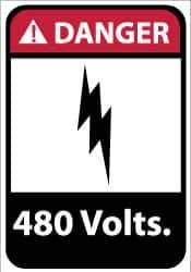 NMC - "Danger - 480 Volts", 14" Long x 10" Wide, Pressure-Sensitive Vinyl Safety Sign - Rectangle, 0.004" Thick, Use for Accident Prevention - All Tool & Supply