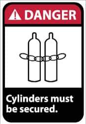 NMC - "Danger - Cylinders Must Be Secured", 14" Long x 10" Wide, Pressure-Sensitive Vinyl Safety Sign - Rectangle, 0.004" Thick, Use for Accident Prevention - All Tool & Supply