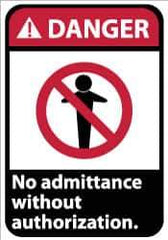 NMC - "Danger - No Admittance without Authorization", 14" Long x 10" Wide, Pressure-Sensitive Vinyl Safety Sign - Rectangle, 0.004" Thick, Use for Security & Admittance - All Tool & Supply