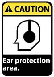 NMC - "Caution - Ear Protection Area", 14" Long x 10" Wide, Pressure-Sensitive Vinyl Safety Sign - Rectangle, 0.004" Thick, Use for Accident Prevention - All Tool & Supply