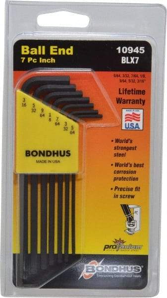 Bondhus - 7 Piece L-Key Ball End Hex Key Set - Hex Range 5/64 to 3/16" - All Tool & Supply