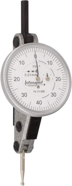 INTERAPID - 1.6 mm Range, 0.01 mm Dial Graduation, Horizontal Dial Test Indicator - 1-1/2 Inch White Dial, 0-40-0 Dial Reading - All Tool & Supply