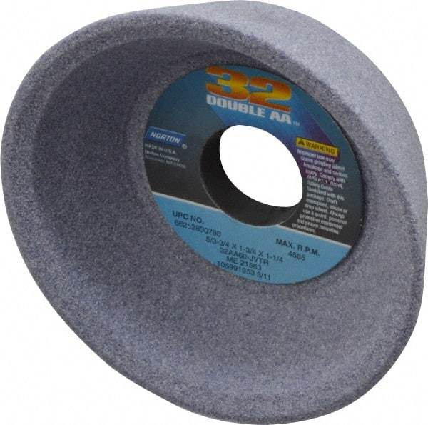 Norton - 5" Diam, 1-1/4" Hole Size, 1-3/4" Overall Thickness, 60 Grit, Type 11 Tool & Cutter Grinding Wheel - Medium Grade, Aluminum Oxide, K Hardness, Vitrified Bond, 4,585 RPM - All Tool & Supply