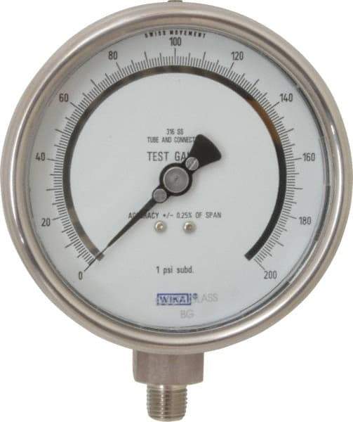 Wika - 4" Dial, 1/4 Thread, 0-200 Scale Range, Pressure Gauge - Lower Connection Mount, Accurate to 0.25% of Scale - All Tool & Supply