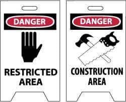 NMC - Danger - Restricted Area, Danger - Construction Area, 12" Wide x 19" High, Plastic Floor Sign - A-Frame, Red & Black on White, For Security & Admittance - All Tool & Supply