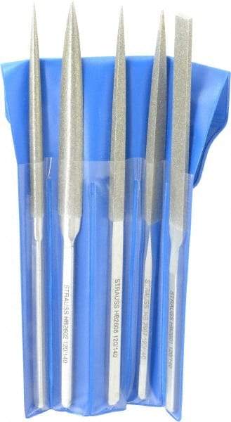 Strauss - 5 Piece Diamond Pattern File Set - 8-1/2" Long, Medium Coarseness, Set Includes Equalling, Half Round, Round, Square, Three Square - All Tool & Supply