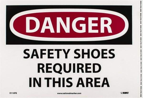 NMC - "Danger - Safety Shoes Required in This Area", 10" Long x 14" Wide, Pressure-Sensitive Vinyl Safety Sign - Rectangle, 0.004" Thick, Use for Accident Prevention - All Tool & Supply