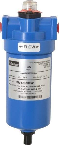 Parker - 1/4" Port, 8.8" High x 3.11" Wide, FRL Filter with Aluminum Bowl & Manual Drain - 15 SCFM, 250 Max psi, 175°F Max - All Tool & Supply