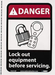 NMC - "Danger - Lock Out Equipment Before Servicing", 10" Long x 7" Wide, Pressure-Sensitive Vinyl Safety Sign - Rectangle, 0.004" Thick, Use for Accident Prevention - All Tool & Supply