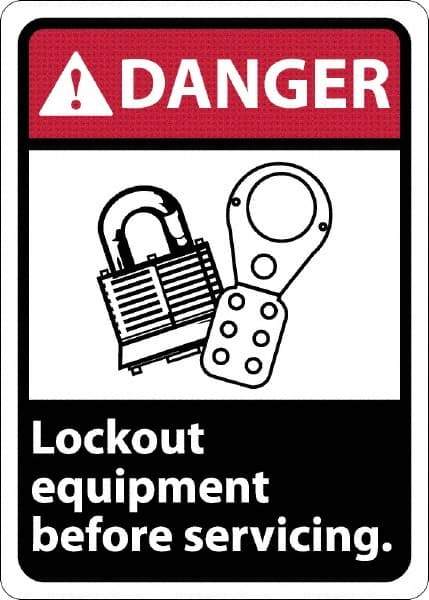 NMC - "Danger - Lock Out Equipment Before Servicing", 10" Long x 7" Wide, Rigid Plastic Safety Sign - Rectangle, 0.05" Thick, Use for Accident Prevention - All Tool & Supply