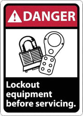 NMC - "Danger - Lock Out Equipment Before Servicing", 10" Long x 7" Wide, Rigid Plastic Safety Sign - Rectangle, 0.05" Thick, Use for Accident Prevention - All Tool & Supply