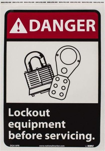 NMC - "Danger - Lock Out Equipment Before Servicing", 14" Long x 10" Wide, Pressure-Sensitive Vinyl Safety Sign - Rectangle, 0.004" Thick, Use for Accident Prevention - All Tool & Supply